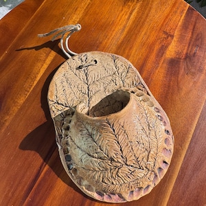 Vintage Judy Schlegel Handmade Ceramic Leaf Pottery Wall Pocket, Hanging Vase