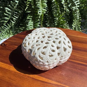 Vintage Oleg Cassini Porcelain Lace Potpourri Box - Reticulated Ivory Trinket Dish with Lid