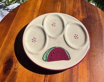 Vintage Watermelon Ceramic Triple Spoon Rest, 1940s Ironstone Three Slot Utensil Holder