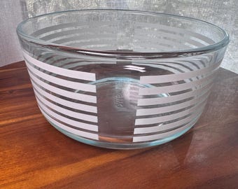 ビンテージ パイレックス ホワイトストライプ ミキシングボウル – 1クォート クリアガラス レトロキッチン用品、モデル7201