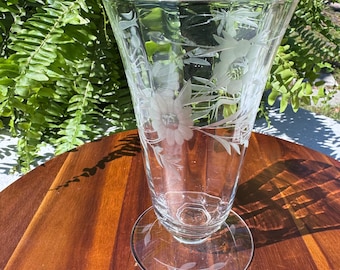 Vintage Susquehanna Etched Floral Footed Iced Tea Glass, MCM 1950s Crystal Tumbler