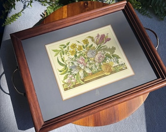 Bandeja de servir vintage Pimpernel Floral - Estructura de madera con asas de latón - 14 x 9,75”