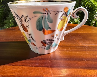 Vintage Lomonosov LFZ Soviet Porcelain Tea Cup Gold Autumn Leaves Hand Painted USSR