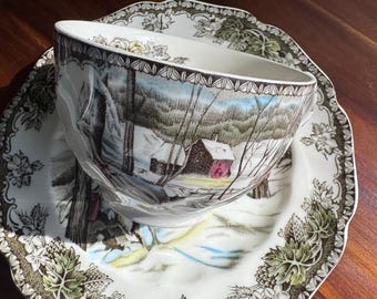 Vintage Johnson Brothers "Friendly Village" Ice House Winter Ironstone Tea Cup with Saucer