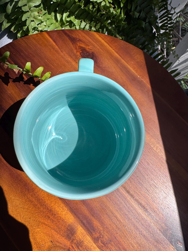 May include: A turquoise ceramic mug with a rounded shape and a small handle. The mug is set on a dark wooden surface, with natural light casting shadows. The mug's interior is a lighter shade of turquoise.