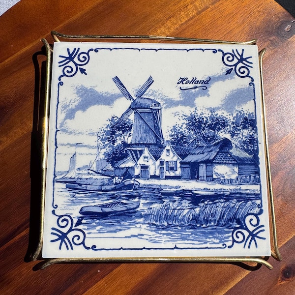 Vintage Delft Blue Holland Ceramic Tile Trivet - Hand-Painted Windmill & Boat Scene
