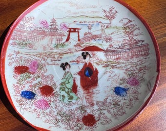 Piattino in porcellana Kutani Geisha vintage giapponese rosso dipinto a mano