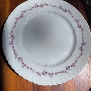 Può includere: Un piatto piano rotondo in ceramica bianca con bordo smerlato e un delicato motivo a ghirlanda floreale. Il design è composto da piccoli fiori viola e foglie verdi disposti in un anello continuo attorno al centro della superficie del piatto.