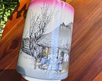 Vintage Japanese Porcelain Yunomi Tea Cup Hiroshige Tokaido Ukiyo-e Art Ceramic Mug