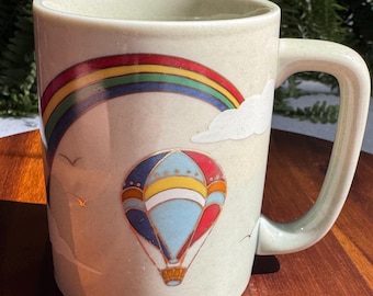 Vintage 1980s Otagiri Japan Mug - Hand-Painted Rainbow and Hot Air Balloon