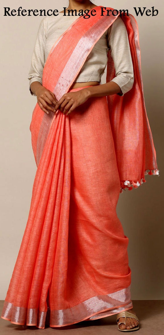 dark peach color linen plain cotton saree etsy