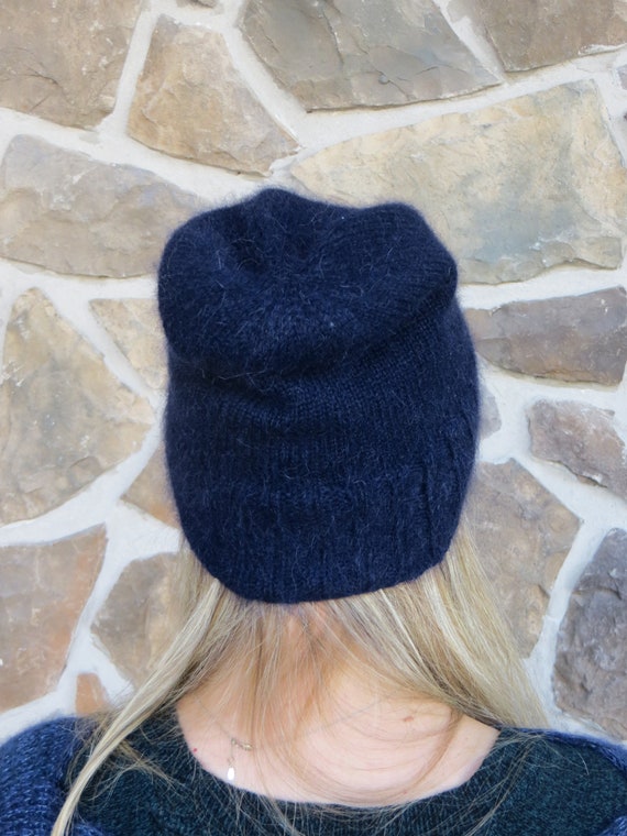 cashmere  mohair silk double knit hat lightweight warm casual  elegant hat Navy Blue Wool Cashmere and   kid mohair slouch Beanie