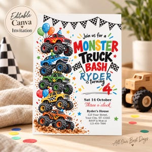 Könnte beinhalten: Eine rechteckige Einladungskarte mit einem Stapel aus fünf bunten Monstertrucks, Luftballons und Zielflaggen. Der Text lautet: Join us for a MONSTER TRUCK BASH RYDER is turning 4, Sat 14 October, Three o'clock, Ryder's House, 123 Your Street.