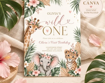 May include: A birthday invitation card featuring a giraffe, elephant, and leopard decorated with pink hibiscus flowers and tropical leaves. The text reads Olivia's wild ONE, Olivia's First Birthday, and includes placeholder address and contact details.