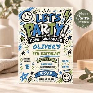 May include: A rectangular birthday invitation card featuring blue and green text that reads LET'S PARTY! COME CELEBRATE OLIVER'S 9TH BIRTHDAY! The design includes a smiley face, a lightning bolt, stars, and event details like the date, time, and RSVP info.