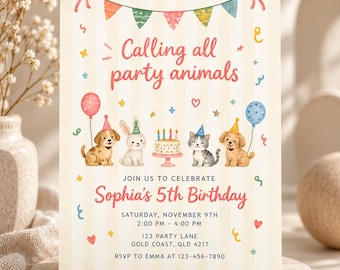 May include: A birthday invitation card with a cream and white striped background featuring watercolor illustrations of a puppy, rabbit, cat, and dog wearing party hats, a cake, balloons, and bunting with the text Calling all party animals.