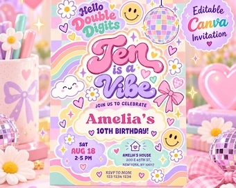 May include: A rectangular birthday invitation card featuring a pastel checkered background with graphics of a disco ball, smiley faces, rainbows, clouds, and flowers. The text reads Hello Double Digits, Ten is a Vibe, Amelia's 10th Birthday, and event details.