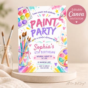 May include: A rectangular invitation card featuring watercolour illustrations of paintbrushes in a glass jar, a paint palette, and paint tubes. The text reads: Come create and celebrate PAINT PARTY, Sophia's 6TH BIRTHDAY, Saturday, August 28 at 2 PM, 12 Rainbow Lane, RSVP to Emma at 1234.567.890.
