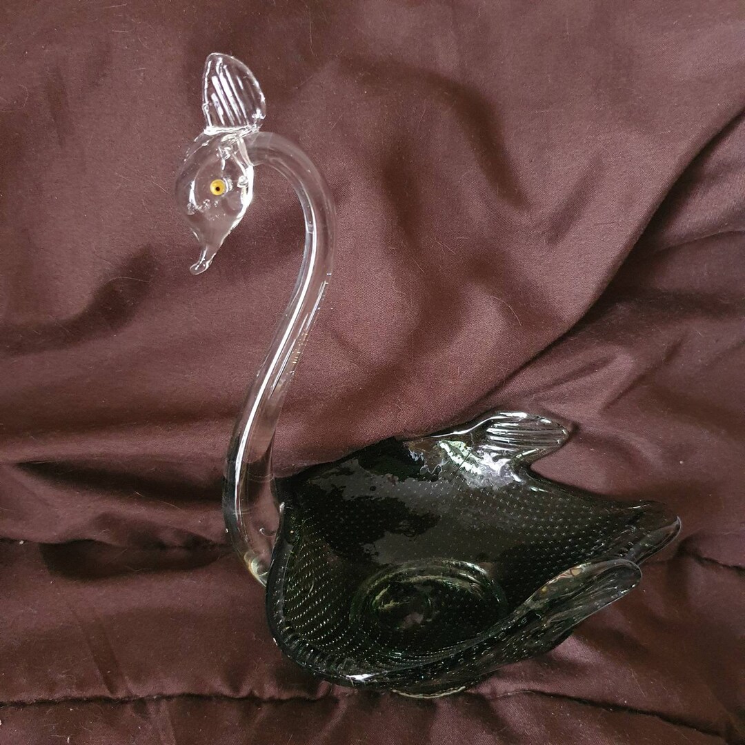 Hand Blown Glass Swan With Green Grey Bubble Glass Etsy