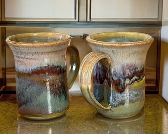 Wheel thrown pottery mug pair in greens and brown