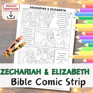 May include: Black and white Bible comic strip titled "Zechariah & Elizabeth". The comic depicts scenes with angels, a man, and a woman, with speech bubbles. The words "Instant Download" are in the top left corner.