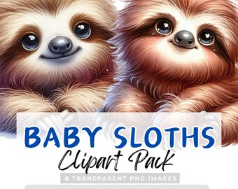 Cute BABY SLOTHS Clipart Junk Journal Card Making Graphics High Quality Transparent 300 dpi PNG images Commercial Use Clip Art