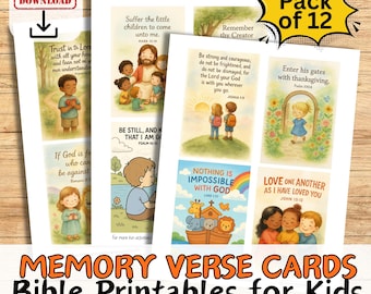 Kids Bible Memory Verse Cards Printable | 12 Cute Scripture Cards for Children | Christian Learning Activity | Sunday School | Homeschool
