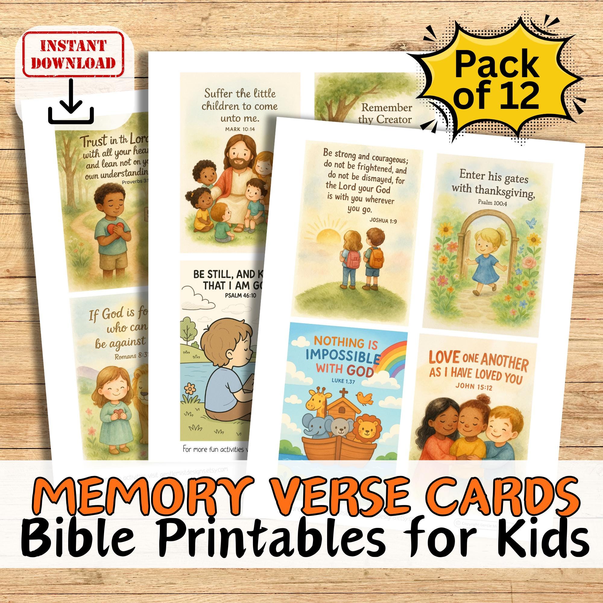 Scripture Kids Activity Kids Bible Memory Verse Cards Printable | 12 Cute Scripture Cards for ...
