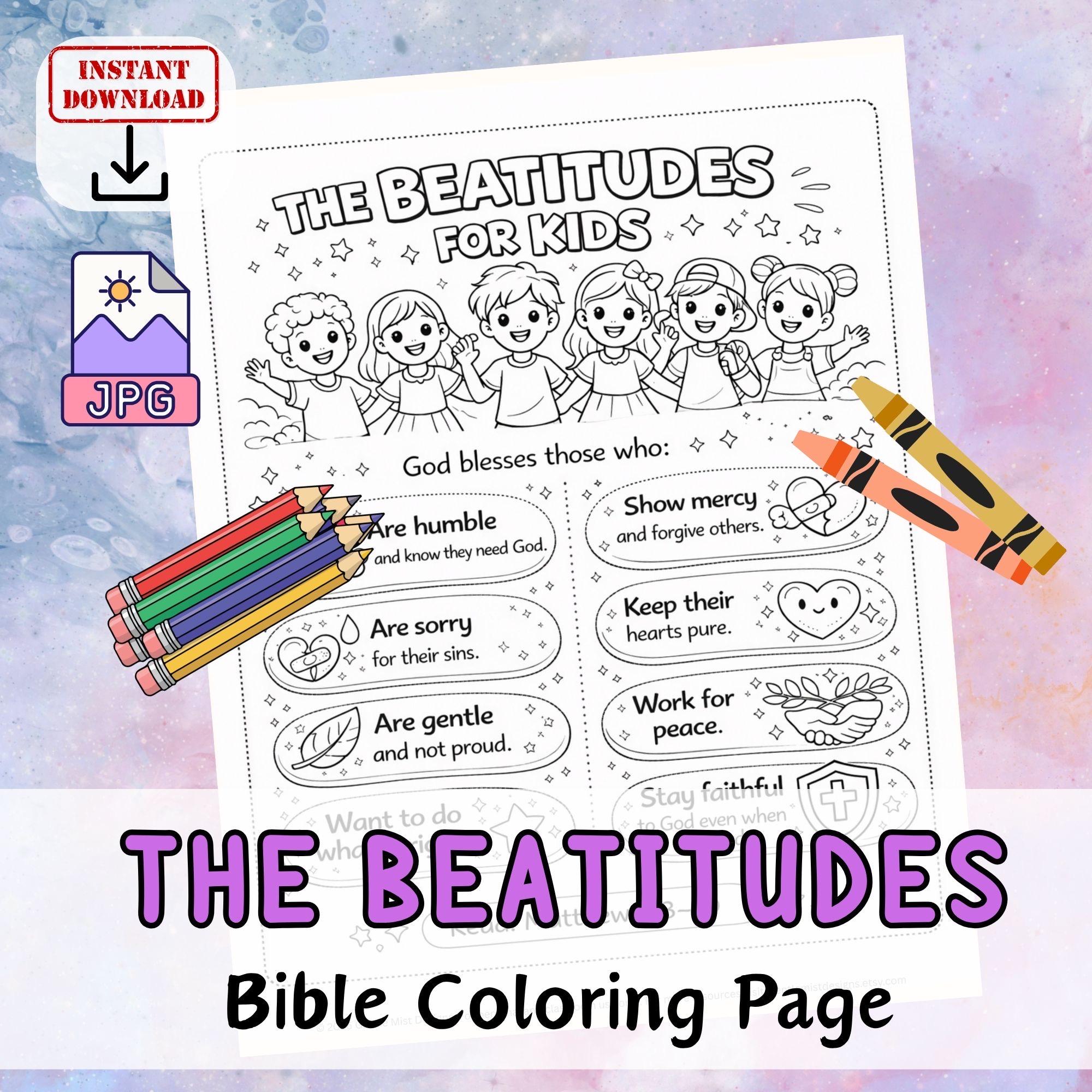 THE BEATITUDES for KIDS Coloring in Sheet Activity. Sunday School ...