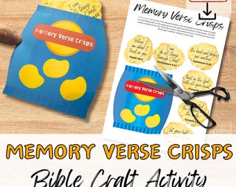 May include: A printable craft activity for kids to make memory verse crisps. The printable features a blue bag with yellow chips and the text "Memory Verse Crisps". The printable also includes six different Bible verses.
