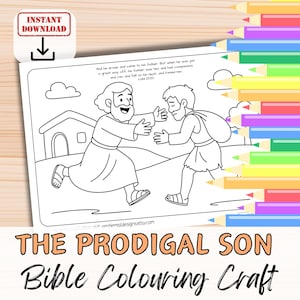 May include: Black and white line art of a Bible coloring page titled "The Prodigal Son." The image depicts a man running towards another man, with a house and clouds in the background. The text "Instant Download" is in a red box.