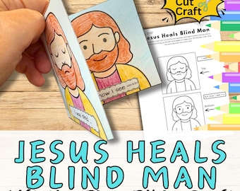 May include: A colorful, lift-the-flap Bible craft titled "Jesus Heals Blind Man." The craft features illustrations of Jesus and a man, with text including "I was blind" and "now I see." The image also includes the text "Colour Cut Craft."