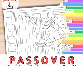 Può includere: Un disegno a tratto nero e bianco di un libro da colorare della Bibbia di Pasqua. L'immagine mostra un uomo che dipinge un telaio di una porta con un pennello. Il testo "DOWNLOAD IMMEDIATO" si trova nell'angolo in alto a sinistra. Le parole "PASSOVER Bible Colouring Craft" sono in basso.