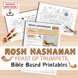 Op de afbeelding: Een verzameling printables over Rosj Hasjana, gebaseerd op de Bijbel. De afbeelding bevat kleurplaten met tekst als "Shanah Tovah" en "Rosj Hasjana". Er zijn ook kleurpotloden en een illustratie van een sjofar. De woorden "Direct downloaden" zijn zichtbaar.