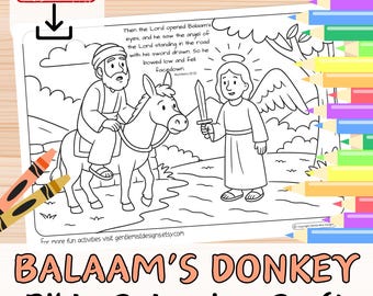 BALAAM’S DONKEY Bible Verse Coloring in Sheet Activity for kids youth Sunday School Christian Story Printable Craft Page.