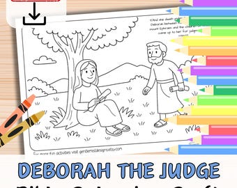 Puede incluir: Página para colorear en blanco y negro con Débora la Jueza de la Biblia. La imagen muestra a Débora sentada bajo un árbol, con un hombre que se acerca a ella. Las palabras "DEBORAH THE JUDGE Bible Colouring Craft" están en la parte inferior.