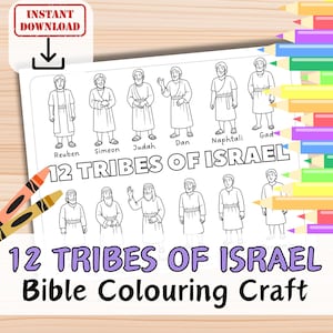 Puede incluir: Página para colorear en blanco y negro con el texto "12 Tribus de Israel" e ilustraciones de doce figuras. Las palabras "Descarga instantánea" están en la parte superior izquierda. La frase "Bible Colouring Craft" está en la parte inferior.