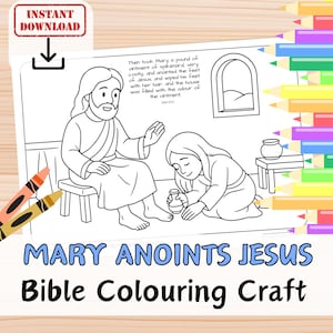 Puede incluir: Página para colorear en blanco y negro titulada "María unge a Jesús, manualidad para colorear la Biblia". La imagen representa a Jesús y María, con texto de Juan 12:3. Incluye un icono de descarga y crayones.
