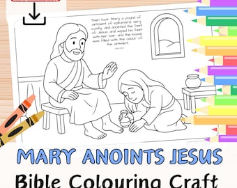 MARY ANOINTS JESUS With OiL Bible Verse Coloring Sheet Activity for kids. Church Sunday School Christian Story Printable Craft Page