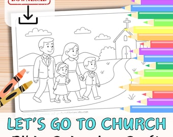 May include: A black and white line drawing of a family walking towards a church, with the text "LET'S GO TO CHURCH Bible Colouring Craft". Includes a red "INSTANT DOWNLOAD" stamp and a download icon. Coloured pencils are on the right and crayons on the left.