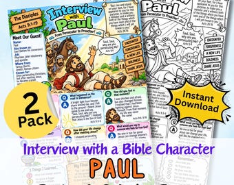 BIBLE CHARACTER INTERVIEW - Paul’s Conversion - Poster Fact Sheet & Coloring Page Activity kids Sunday School.  Printable Craft Worksheet