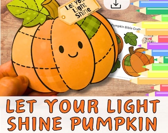 May include: A smiling orange pumpkin paper craft with the text "Let Your Light Shine" and "Printable Bible Craft". The pumpkin has a green leaf and a tag with the Bible verse Matthew 5:16. A downloadable image is also shown.