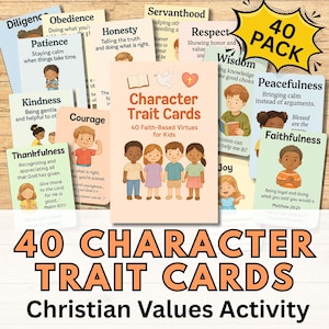 Puede incluir: Un conjunto de 40 tarjetas de rasgos de carácter para niños, con virtudes basadas en la fe. Las tarjetas muestran ilustraciones y definiciones de rasgos como paciencia, bondad y coraje. La imagen incluye el texto "40 CHARACTER TRAIT CARDS Christian Values Activity."