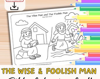 Könnte beinhalten: Schwarz-Weiß-Malvorlage mit dem Titel "The Wise Man and The Foolish Man" mit Illustrationen von zwei Männern und Häusern. Die Seite enthält den Text "Bible Colouring Craft" und ist für den sofortigen Download bestimmt.
