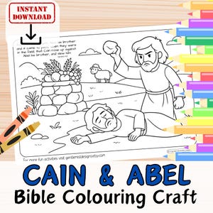 May include: Black and white line art coloring page depicting the biblical story of Cain and Abel. The scene includes two figures, a sheep, and a stone altar. Text at the bottom reads "CAIN & ABEL Bible Colouring Craft". Includes crayons and colored pencils.