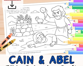 May include: Black and white line art coloring page depicting the biblical story of Cain and Abel. The scene includes two figures, a sheep, and a stone altar. Text at the bottom reads "CAIN & ABEL Bible Colouring Craft". Includes crayons and colored pencils.