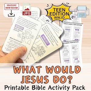 ¿Qué haría Jesús? EDICIÓN ADOLESCENTES: Tarjetas de actividades bíblicas. Grupos juveniles. Tarjetas imprimibles de escenarios de "¿Qué haría Jesús?". Lección de juego para la iglesia cristiana y la educación en casa.