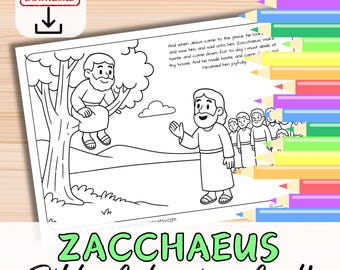 ZACCHAEUS Bible Verse Coloring in Sheet Activity for kids, youth. Sunday School Christian. Story Parable Miracle Printable Craft Page