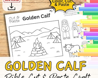 May include: A black and white printable craft activity for kids featuring a scene from the Bible story of the Golden Calf. The printable includes a scene with a campfire, tents, and mountains. There are also cut-out figures of people and a calf to color and paste onto the scene.