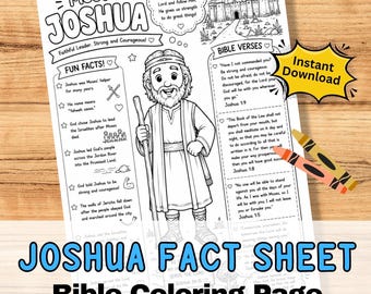 JOSHUA Fact Sheet Bible Coloring Page Activity kids - Sunday School.  Printable Jpg Craft Worksheet. Old Testament story character
